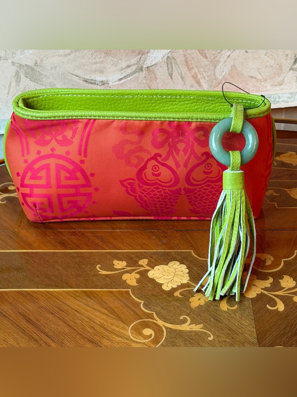 Shanghai Tang Pink & Lime Green Printed Silk Clutch with Tassel